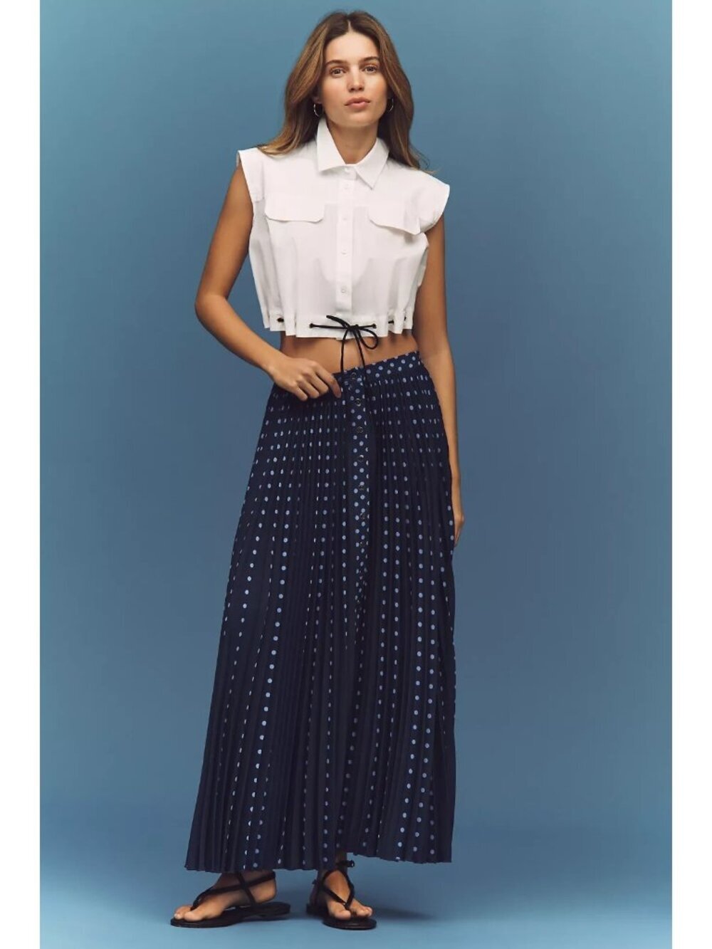 Anthropologie Maeve Pleated Button-Front Maxi Skirt Navy Blue Polka Dot 2X - Picture 3 of 3